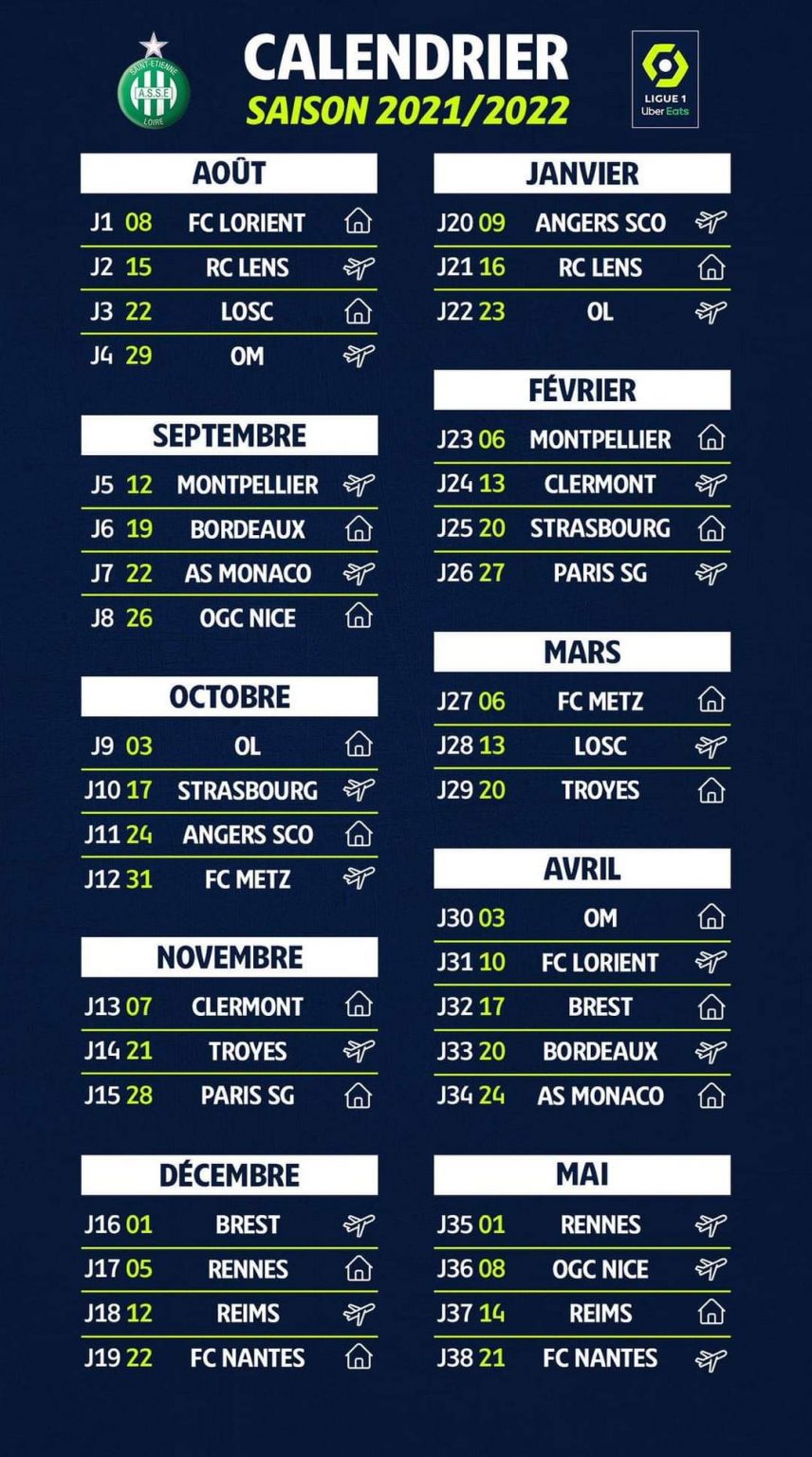 Voici le calendrier 21/22 de l'ASSE en ligue 1 - IF Saint-Etienne